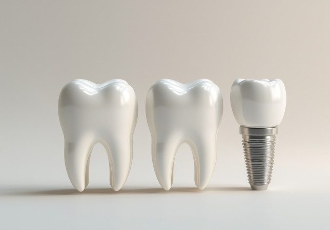 Bild von normalen Zähnen und einem Implantat, KI generiert