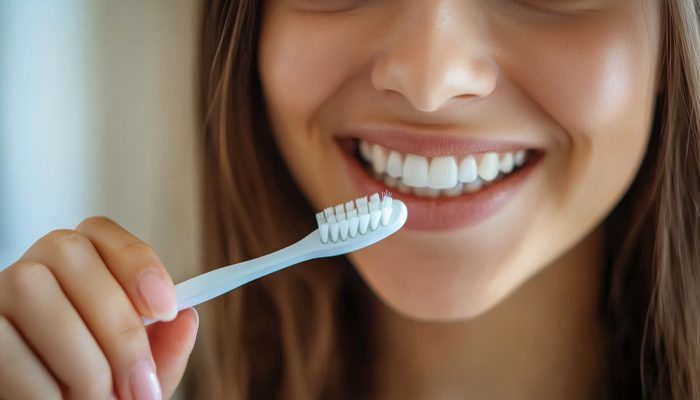 Frau putzt mit einer Zahnbürste ihre Veneers