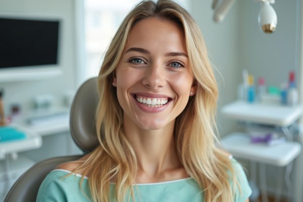Frau mit Veneers lächelt im Zahnarztzimmer