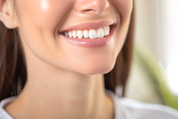 Junge Frau lächelt nach Zahnersatz Behandlung