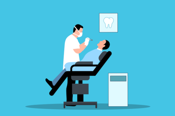 Illustration eines Zahnarztes, der einen Patienten im Behandlungsstuhl untersucht